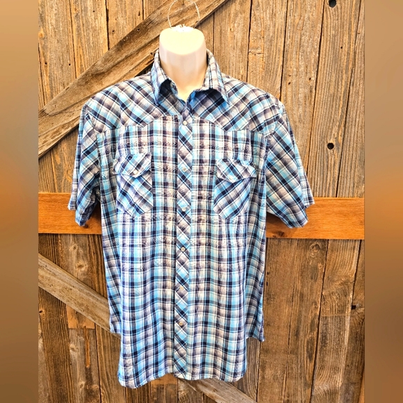 Wrangler Other - Wrangler Wrancher Pearl Snap Men XL Shirt Short Sleeve Aqua Blue Plaid Western